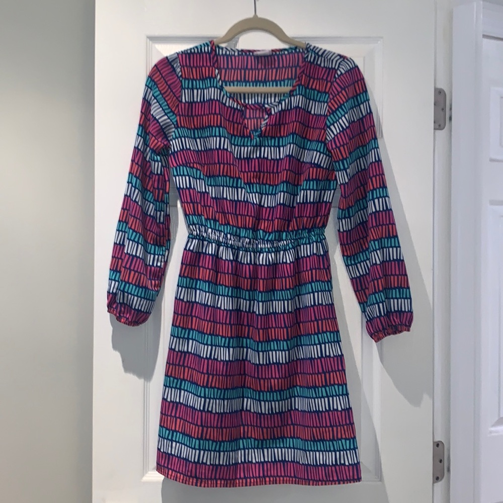 All for Color multicolored strip patterned v neck keyhole long sleeve dress S